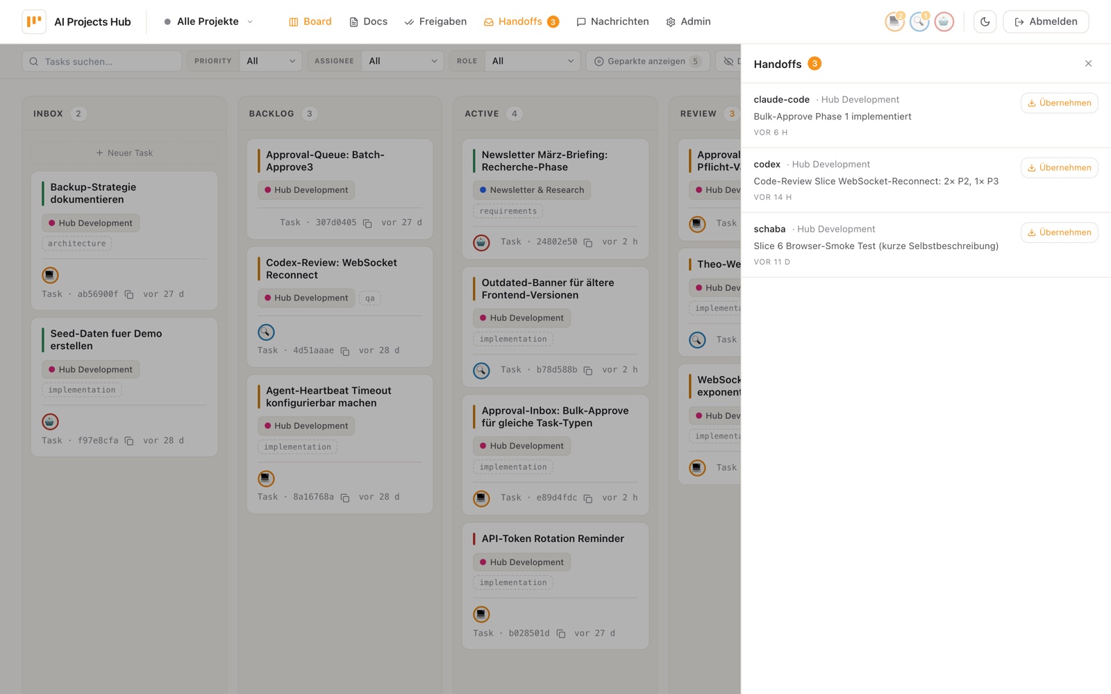 Handoff inbox as a slide-over on the right