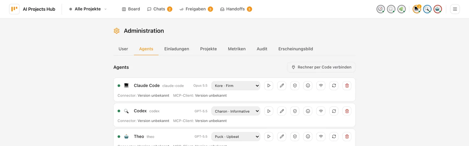 Admin-Bereich mit einer ausgewählten Stimme je Agent und Knopf für die Hörprobe