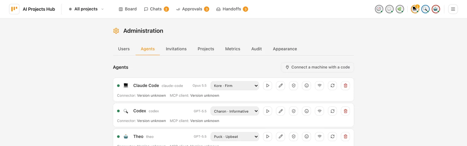 Admin area showing one selected voice per agent and a button for the audio preview